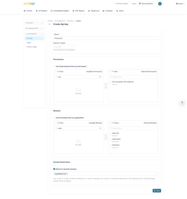 Create API key form with Name, Permissions, Modules, and Domain Restrictions