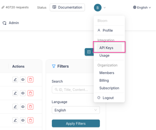 Dashboard dropdown menu showing the API Keys option under Integration